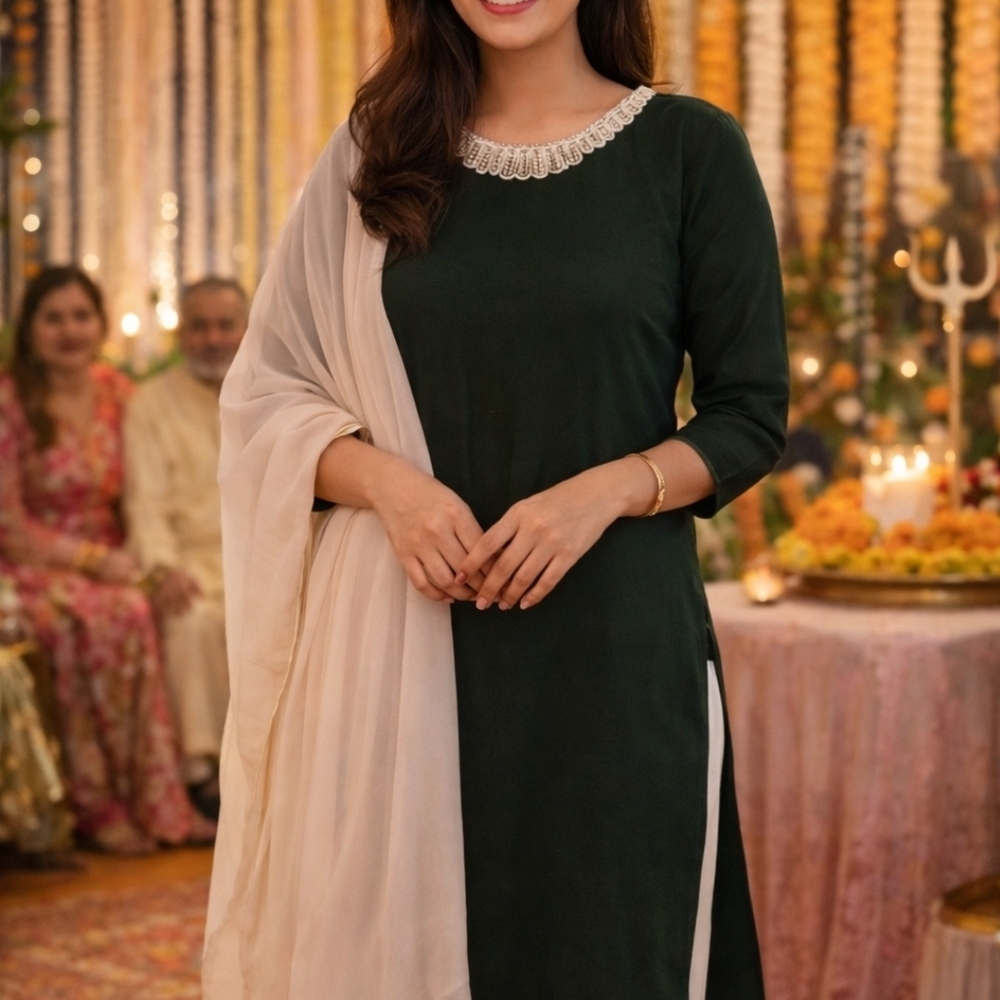 Dark Green Kameez Suit with White Trouser & Chiffon Dupatta | Elegant Pakistani